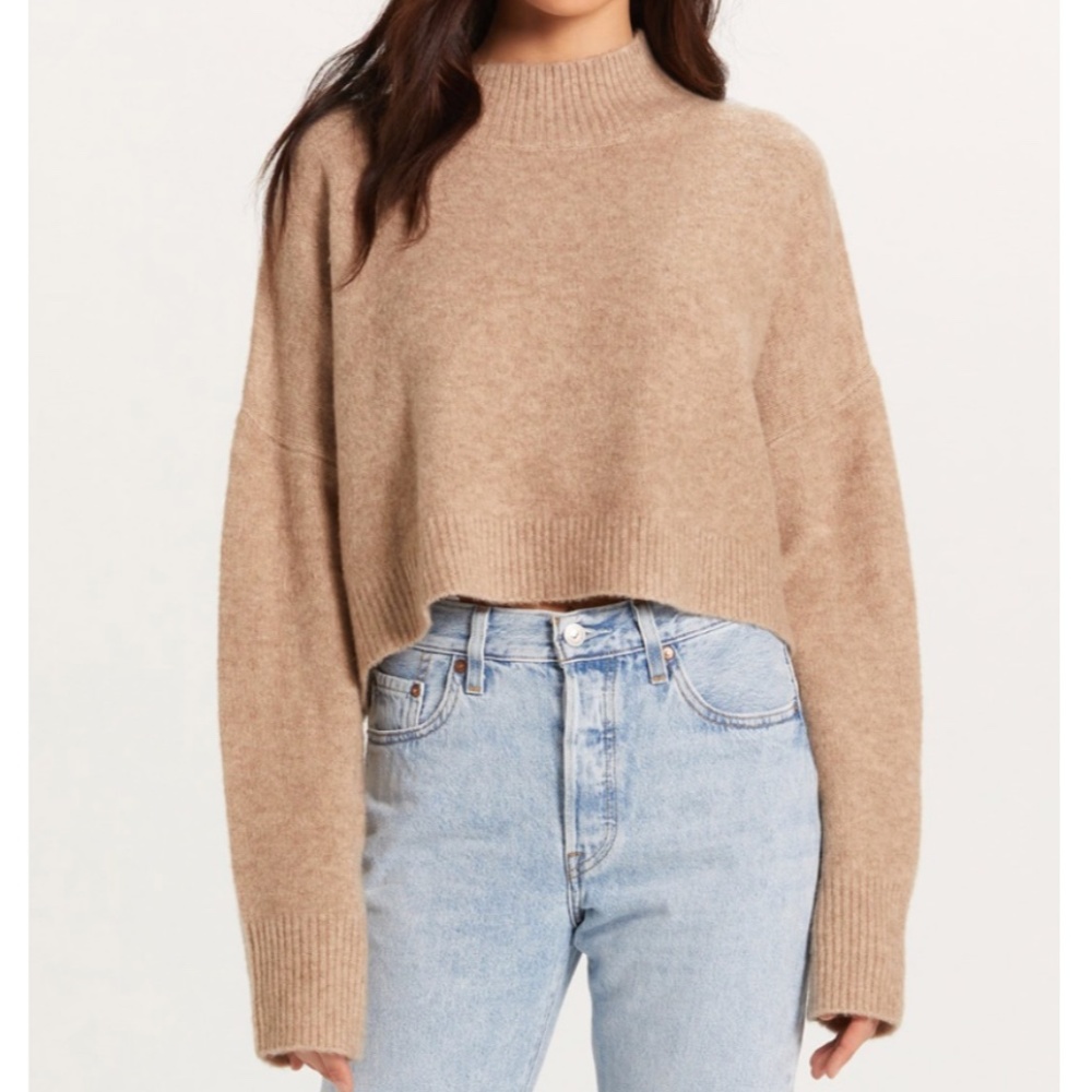 Olivaceous Mock Neck Cropped Sweater Beige